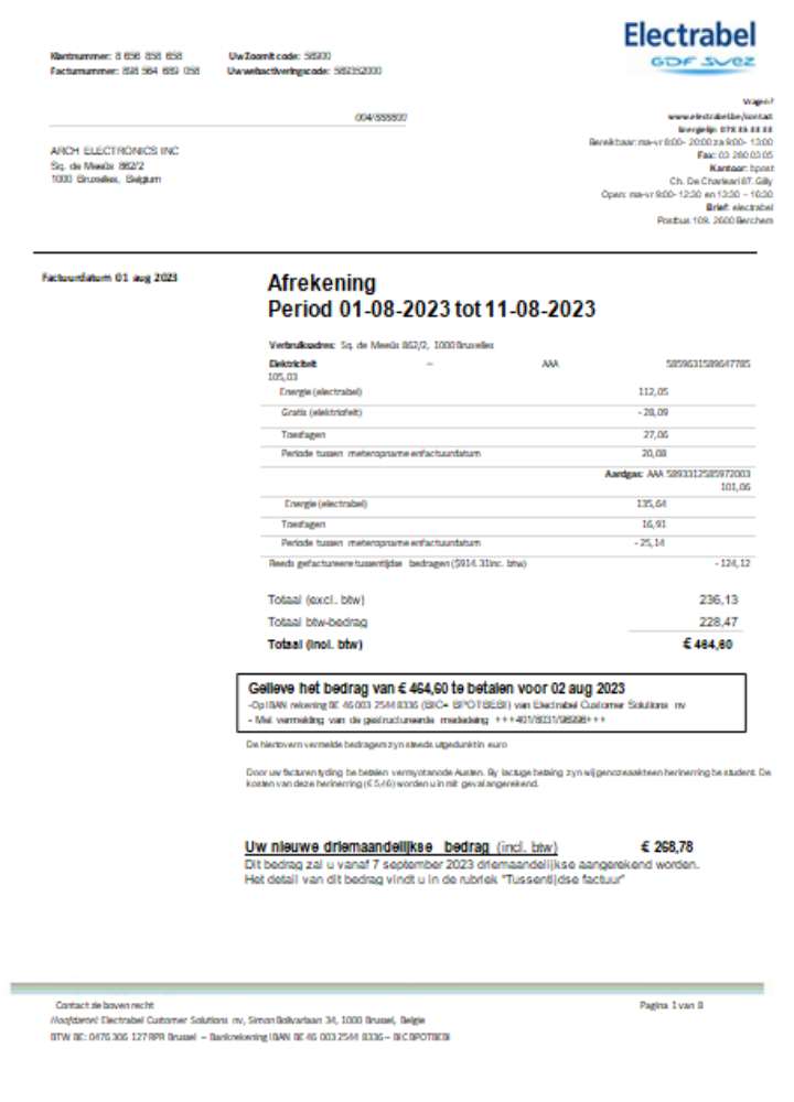 Electrabel SA electricity utility business bill, SCR PSD template